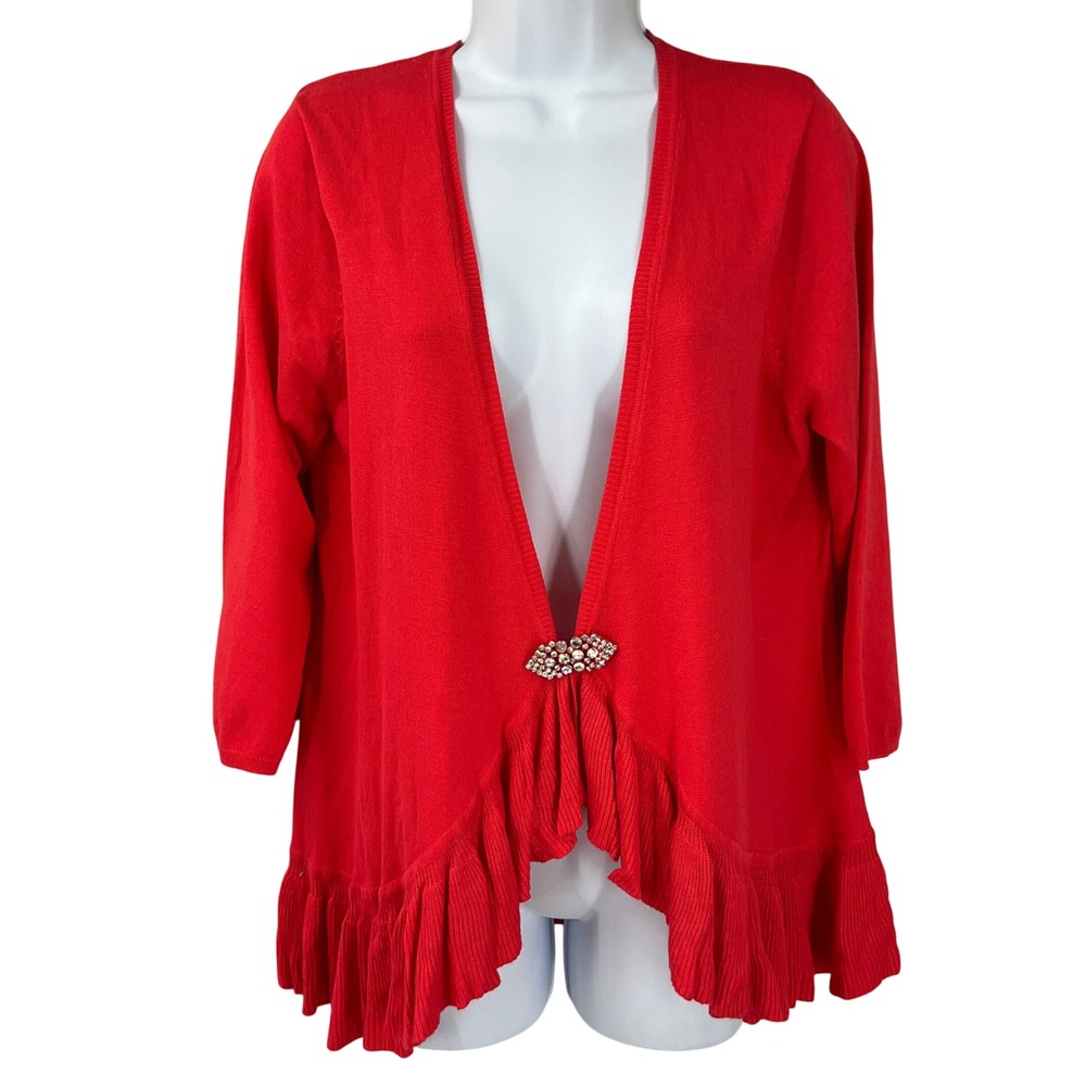 Christina Womens XL Red Ruffle Hem Cardigan‎ Rhinestone Brooch 3/4 Sleeve Party